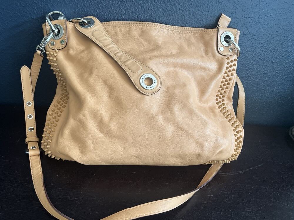 Rebecca Minkoff Luscious Studded Leather Hobo Bag Tan Convertible Shoulder